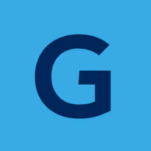 Dark blue capital letter G centered on a light blue square background.