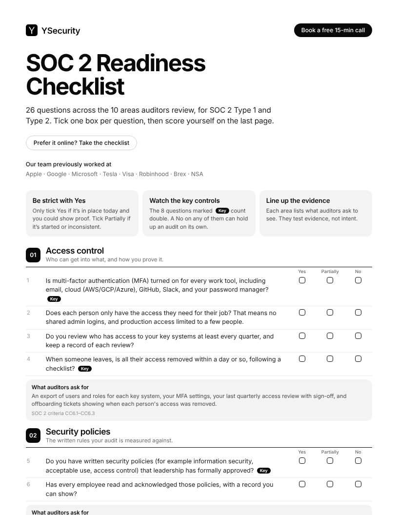 First page of the printable SOC 2 readiness checklist