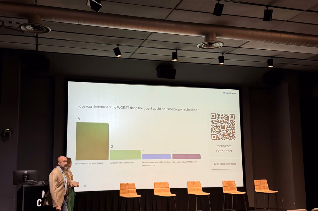 A conference screen at Twin Cities Startup Week showing a live audience poll asking what the worst thing an unchecked AI agent could do